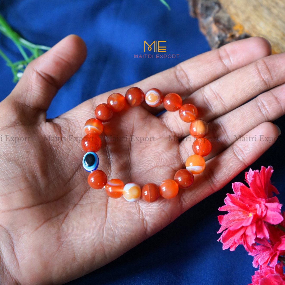 10mm Round beads Healing Crystals with Evil Eye Bracelet-Red Carnelian-Maitri Export | Crystals Store