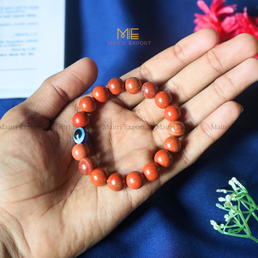 10mm Round beads Healing Crystals with Evil Eye Bracelet-Red Jasper-Maitri Export | Crystals Store