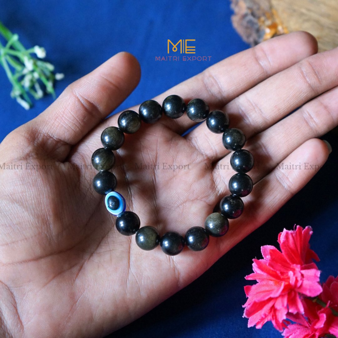 10mm Round beads Healing Crystals with Evil Eye Bracelet-Black Golden Obsidian-Maitri Export | Crystals Store