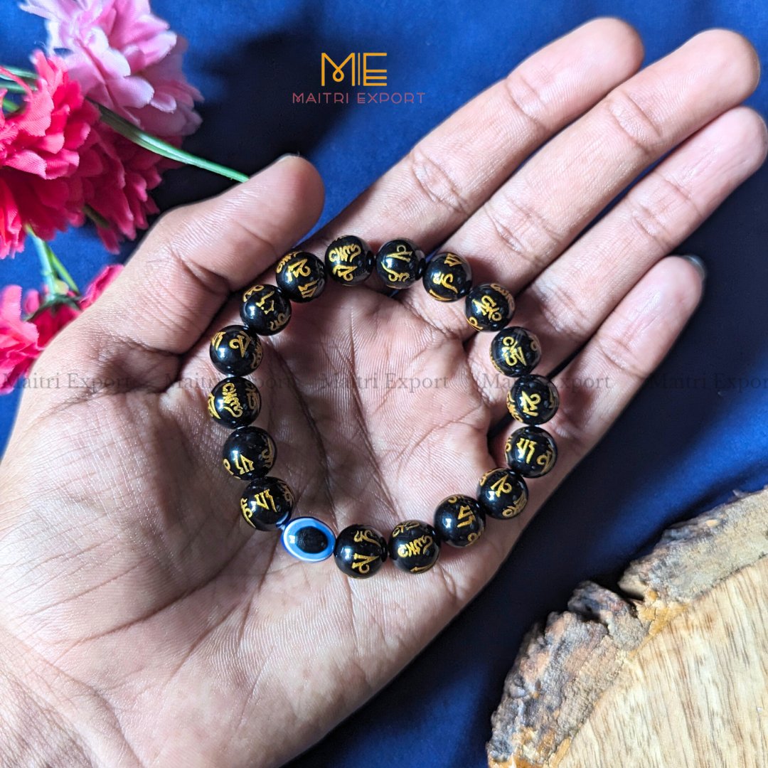 10mm Round beads Healing Crystals with Evil Eye Bracelet-Om Mani Black-Maitri Export | Crystals Store