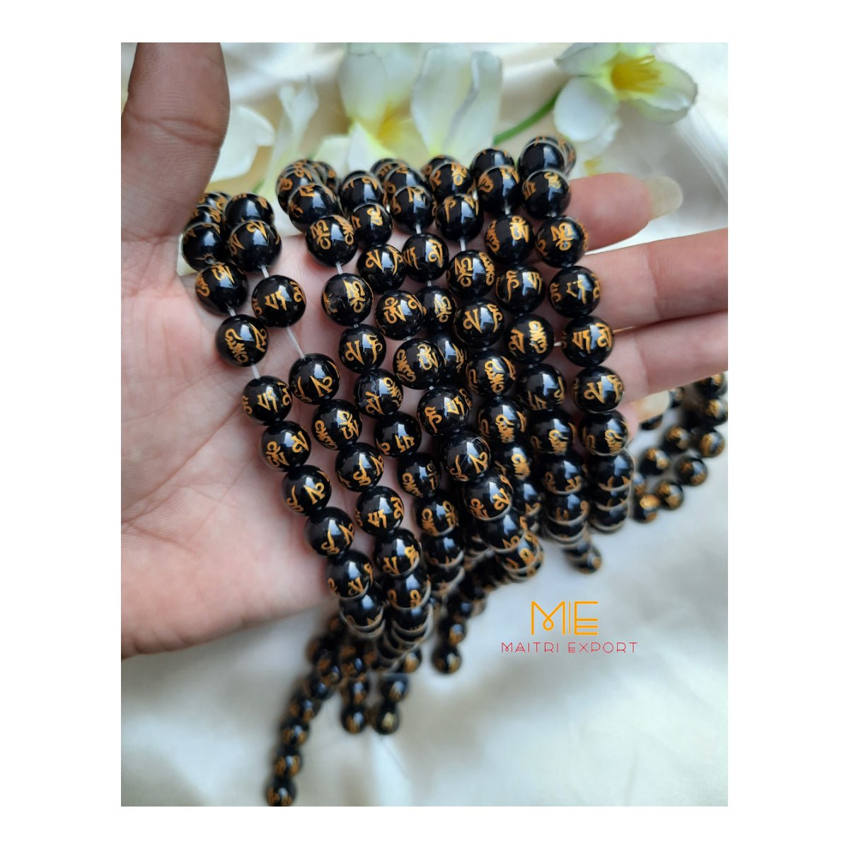 10mm round loose crystal beads strand / string-Om Mani Black-Maitri Export | Crystals Store
