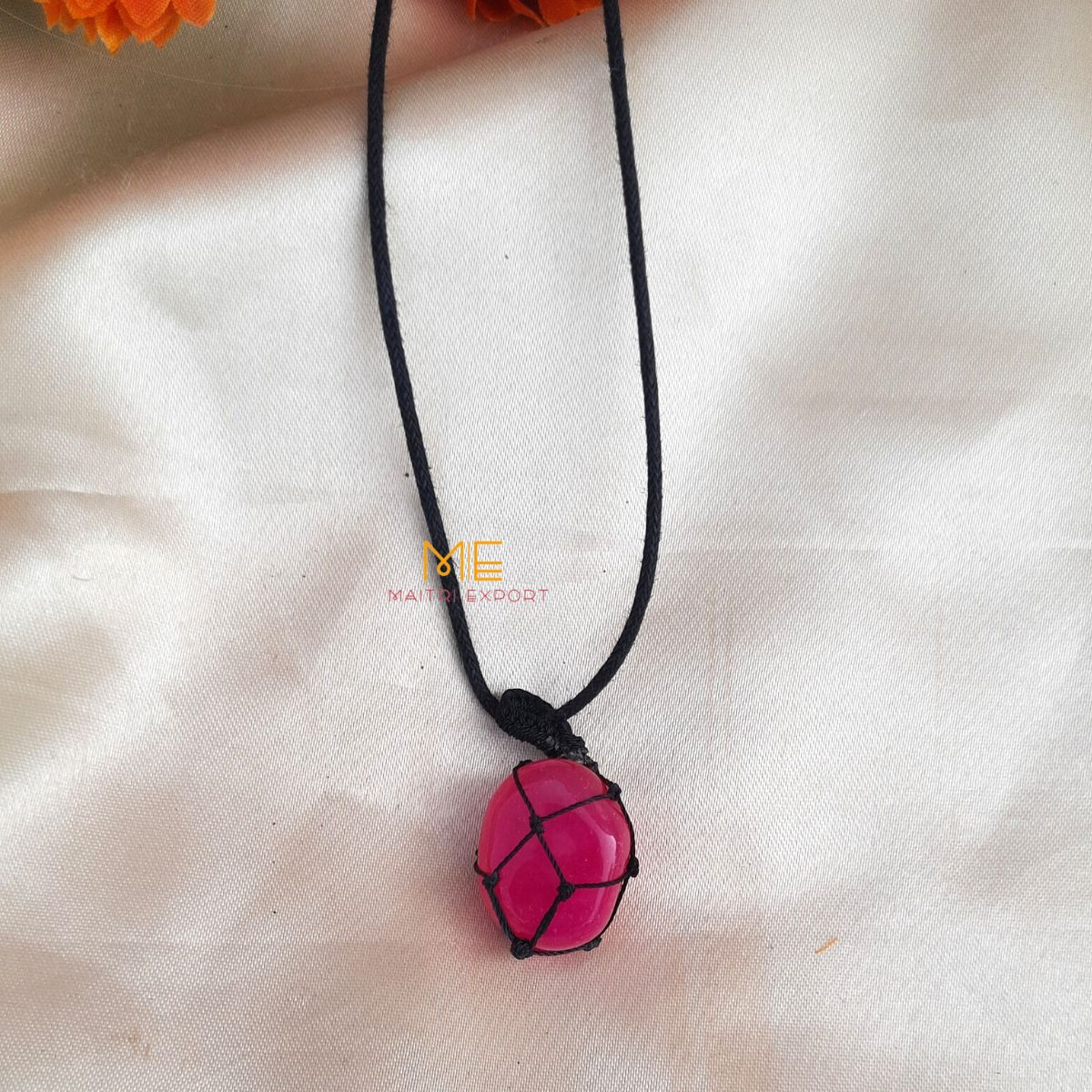 Thread wrapped macrame Crystal tumble pendants with black thread chain-Pink Onyx-Maitri Export | Crystals Store