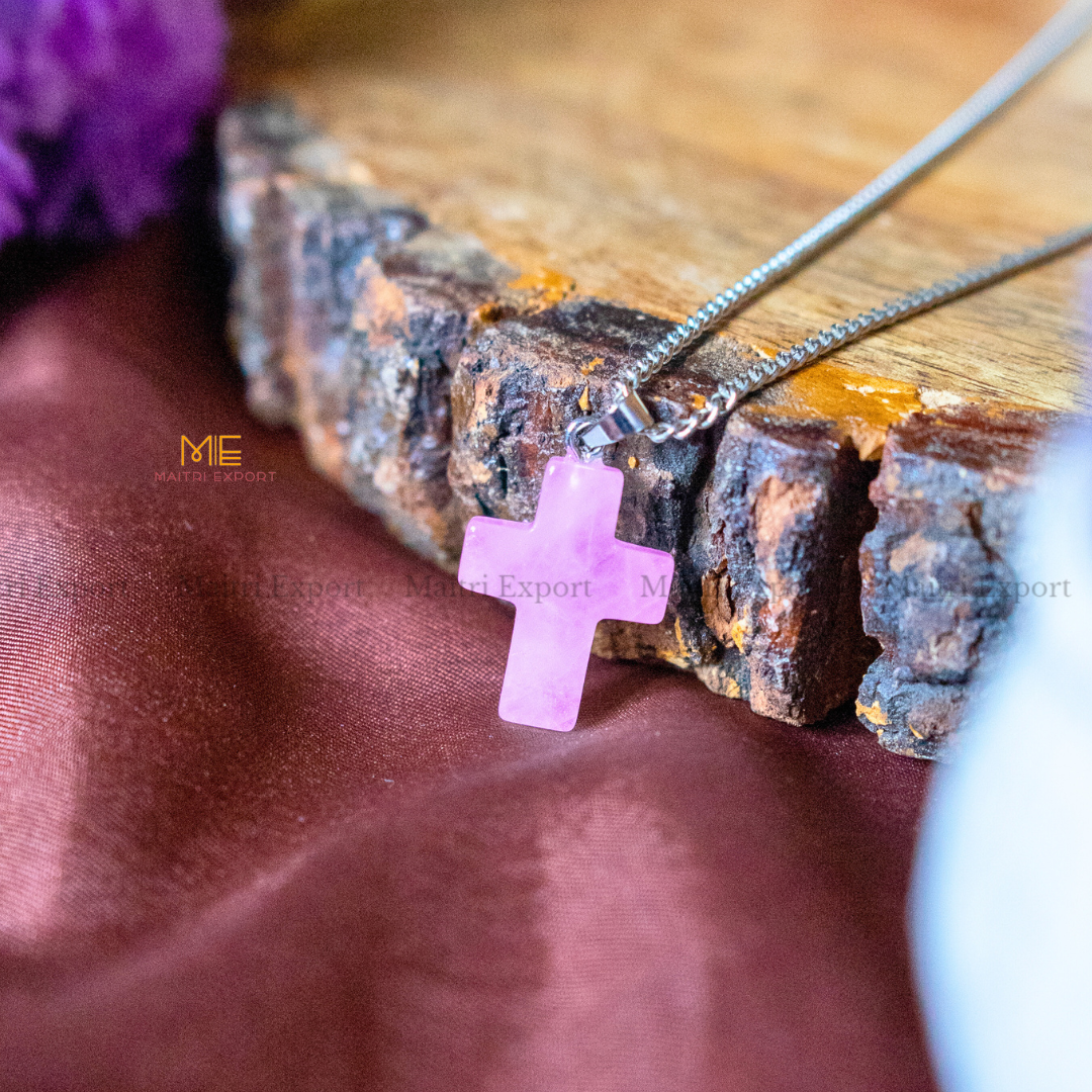 Christian Symbol Cross Shape Crystal Healing Pendant-Rose Quartz-Maitri Export | Crystals Store