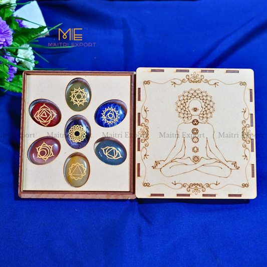 7 Chakra symbol engraved Oval Set-With Wooden Box-Maitri Export | Crystals Store