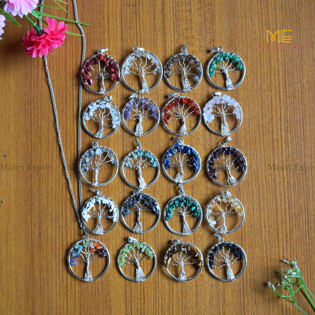 Natural crystal stones tree of life pendants made from mini crystal chips-Maitri Export | Crystals Store