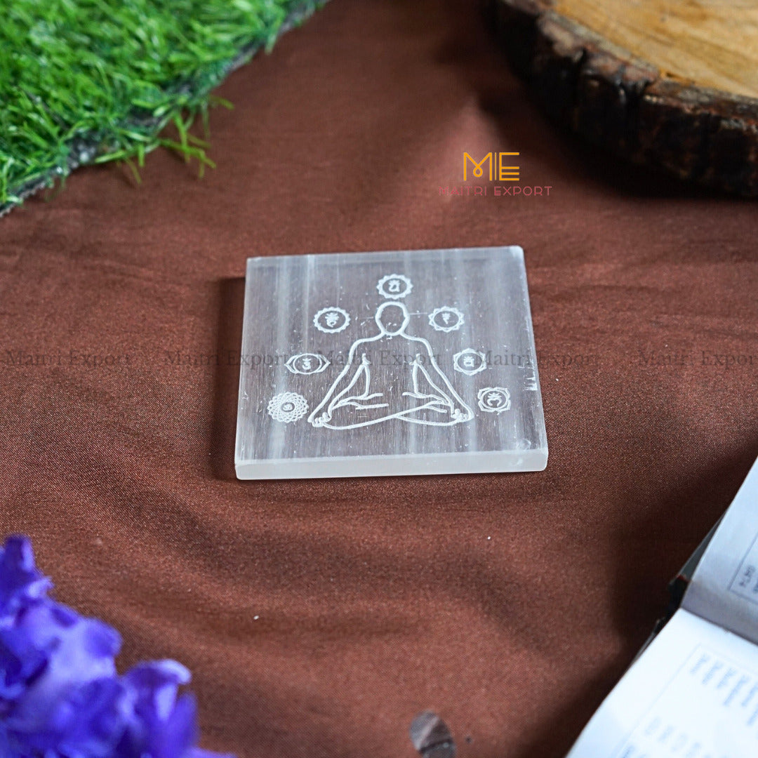 Natural selenite plate with different carvings-Square-7 chakra sanskrit with buddha-Maitri Export | Crystals Store