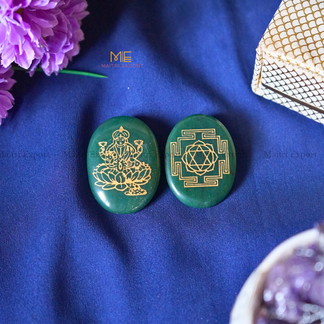 Green Jade Lakshmi ji and Shree Yantra Carved Crystal coin-Maitri Export | Crystals Store