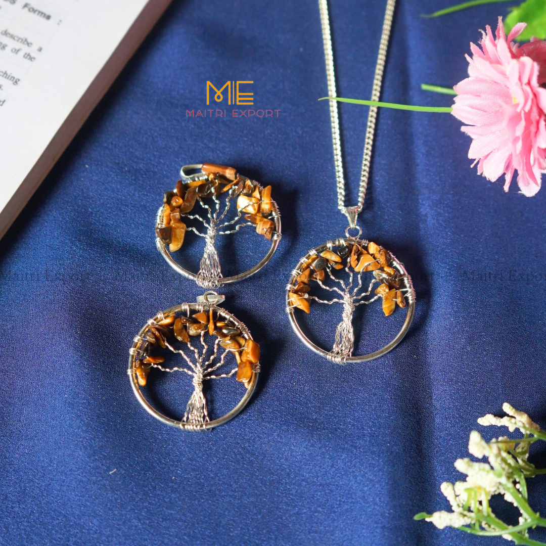 Natural crystal stones tree of life pendants made from mini crystal chips-Tiger Eye-Maitri Export | Crystals Store