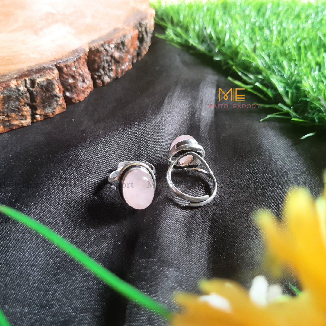 Oval shaped Natural crystal Healing Stone Adjustable Rings ( 14mm )-Rose Quartz-Maitri Export | Crystals Store