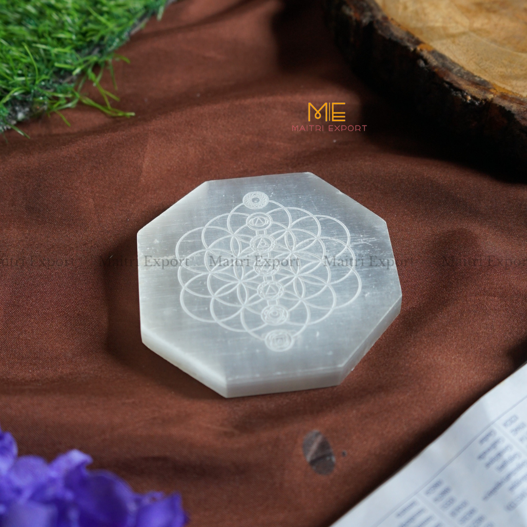 Natural selenite plate with different carvings-Maitri Export | Crystals Store