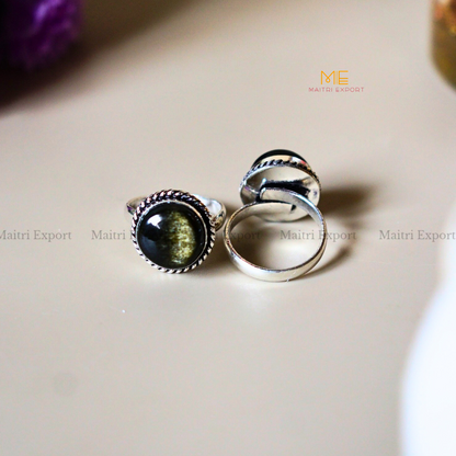 Round Gemstone crystal Adjustable rings-Black Golden Obsidian-Maitri Export | Crystals Store