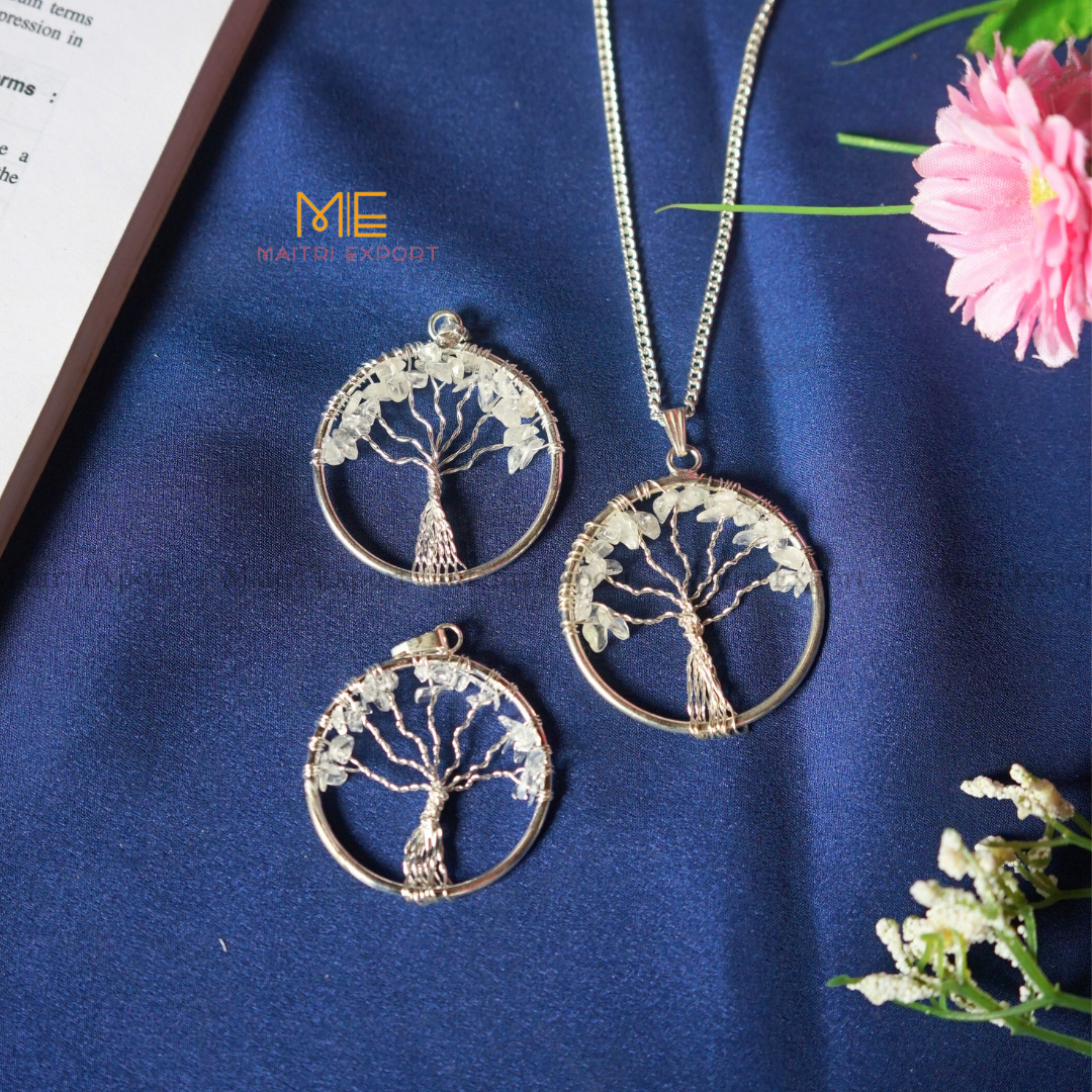 Natural crystal stones tree of life pendants made from mini crystal chips-Clear quartz-Maitri Export | Crystals Store