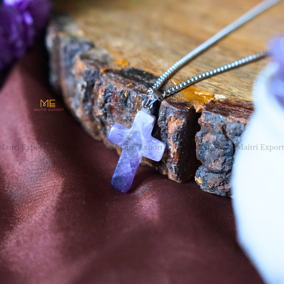 Christian Symbol Cross Shape Crystal Healing Pendant-Amethyst-Maitri Export | Crystals Store