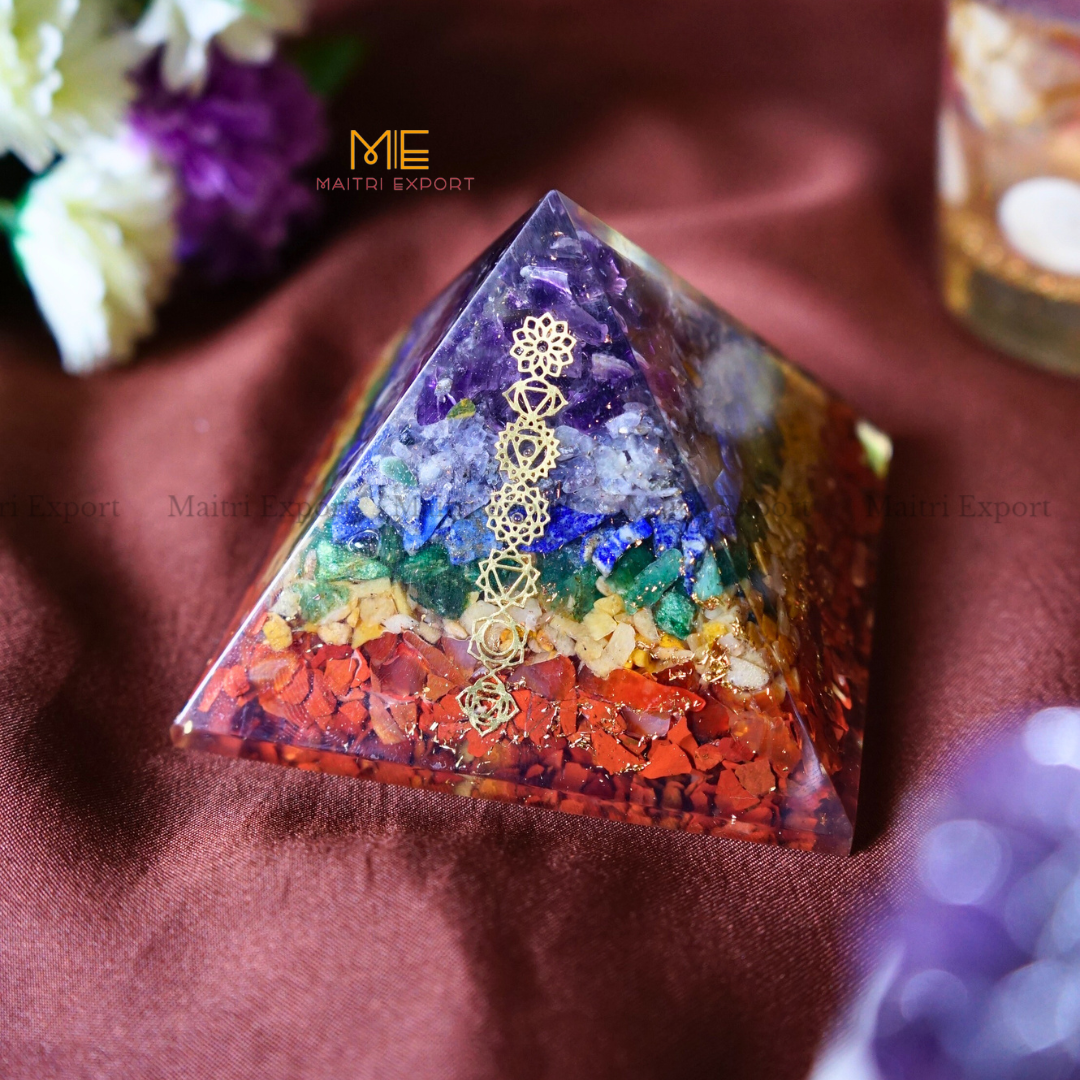 7 Chakra Orgone Pyramid with 7 Chakra Symbol-Maitri Export | Crystals Store