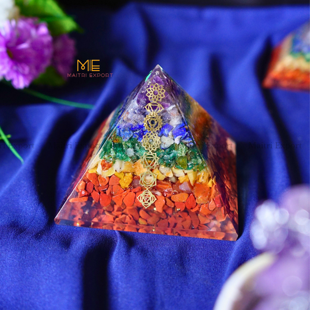 7 Chakra Orgone Pyramid with 7 Chakra Symbol-Maitri Export | Crystals Store