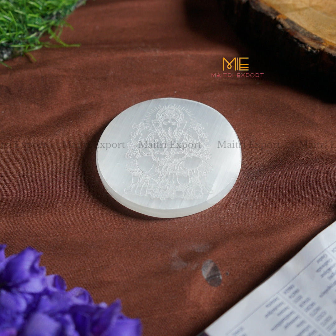 Natural selenite plate with different carvings-Round-Ganesha 1-Maitri Export | Crystals Store