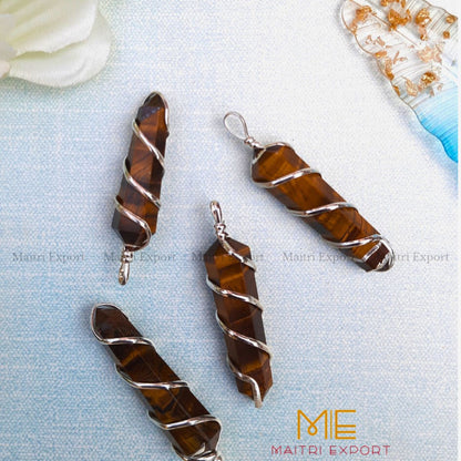 Natural different crystal silver wire wrapped double pointed pencil pendant.-Tiger Eye-Maitri Export | Crystals Store