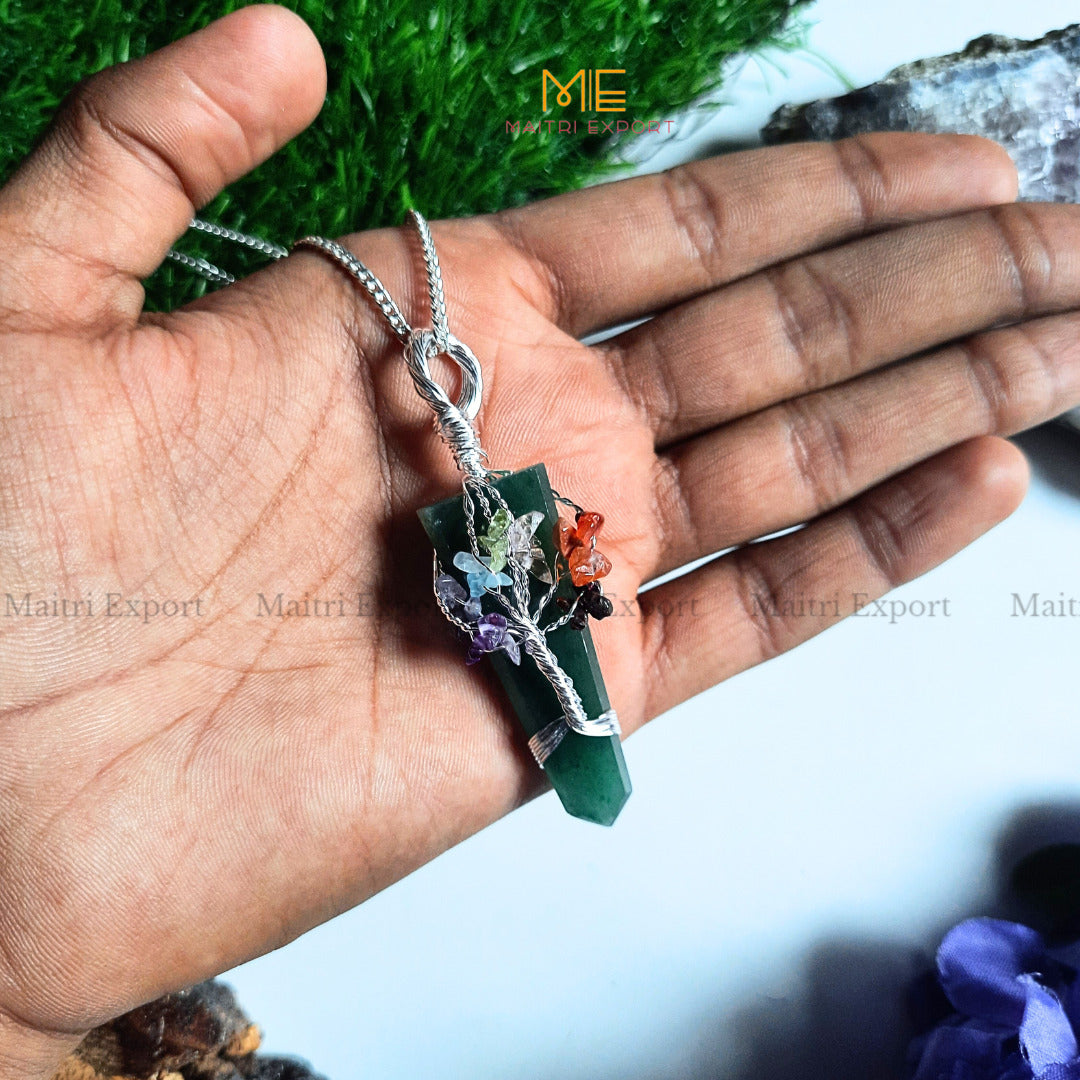 Natural Different Crystal Stone Flat Point Pendant with 7 chakra Tree of Life wire design-Green Jade-Maitri Export | Crystals Store