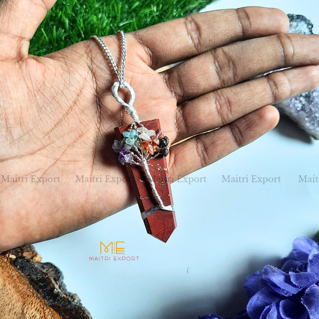 Natural Different Crystal Stone Flat Point Pendant with 7 chakra Tree of Life wire design-Red Jasper-Maitri Export | Crystals Store
