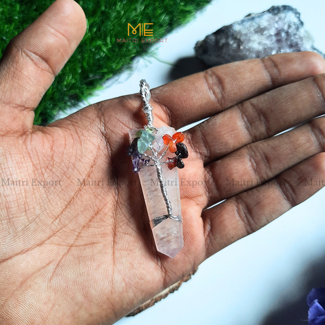 Natural Different Crystal Stone Flat Point Pendant with 7 chakra Tree of Life wire design-Rose Quartz-Maitri Export | Crystals Store