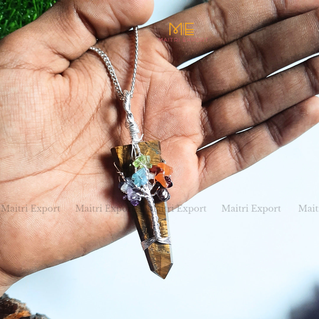 Natural Different Crystal Stone Flat Point Pendant with 7 chakra Tree of Life wire design-Tiger Eye-Maitri Export | Crystals Store