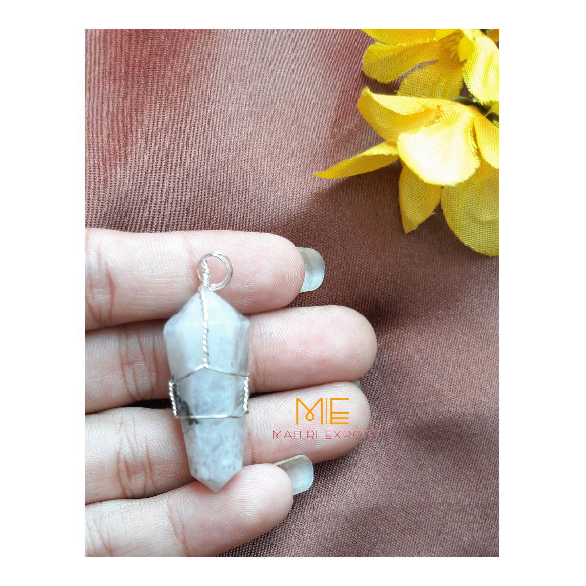 Natural crystal stone double point wrapped pendant-Rainbow Moonstone-Maitri Export | Crystals Store
