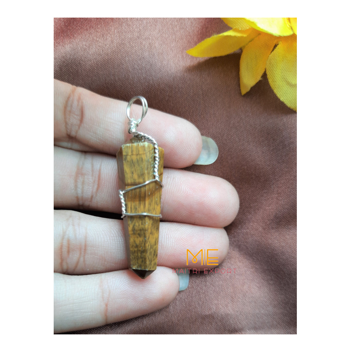 Natural crystal stone double point wrapped pendant-Tiger Eye-Maitri Export | Crystals Store