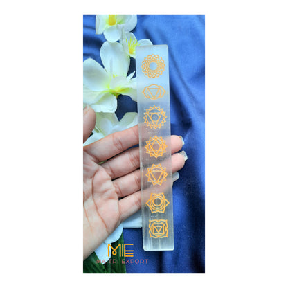 selenite plain and carved stick wands-orange seven chakra symbol-Maitri Export | Crystals Store
