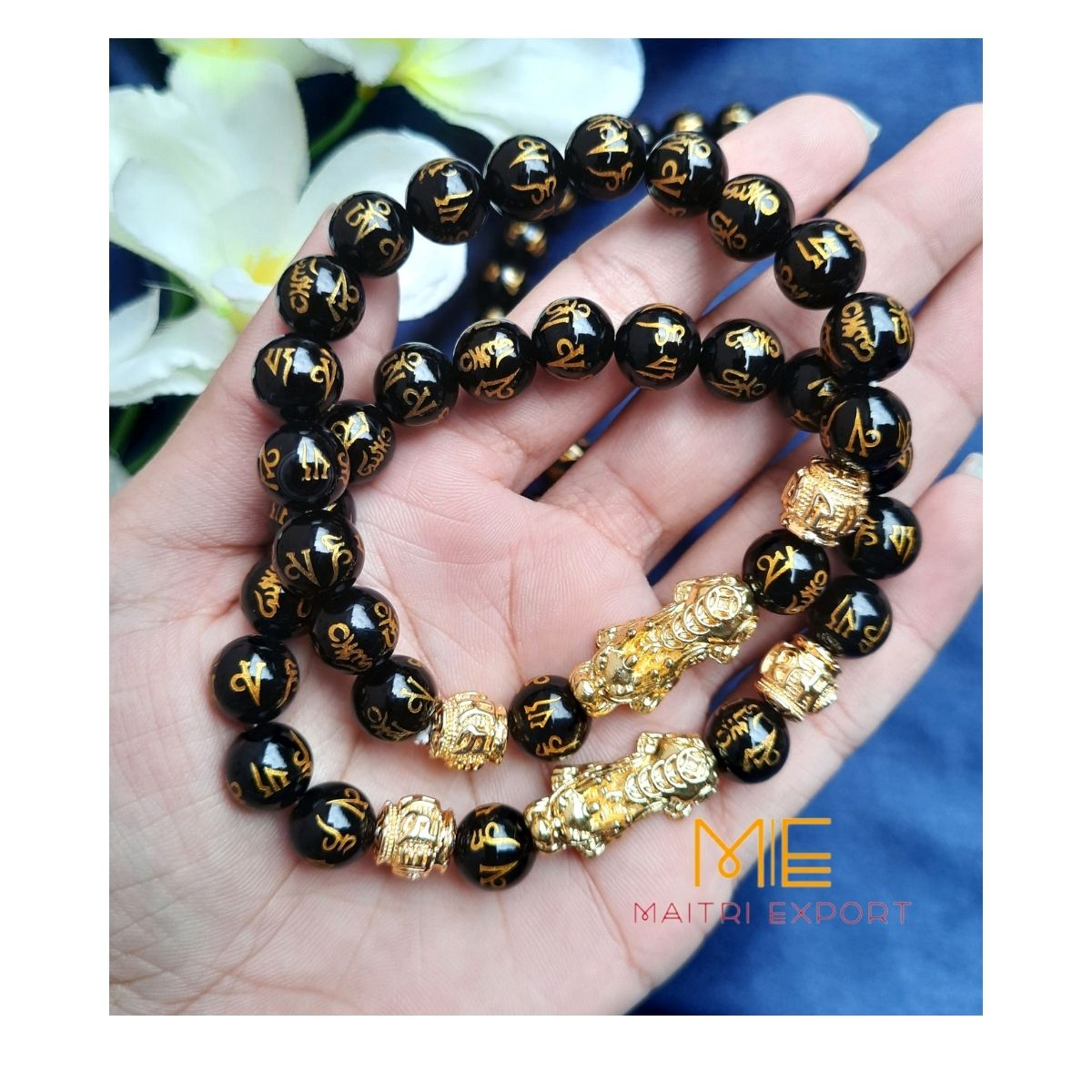 Black Obsidian with Om Mani Padme Hum Mantra carved Beads Stretchable Bracelet with Pixiu symbol charm.-10 mm-Maitri Export | Crystals Store