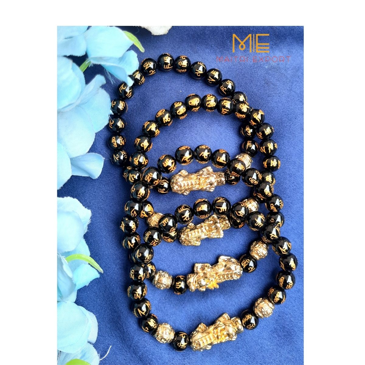 Black Obsidian with Om Mani Padme Hum Mantra carved Beads Stretchable Bracelet with Pixiu symbol charm.-8 mm-Maitri Export | Crystals Store