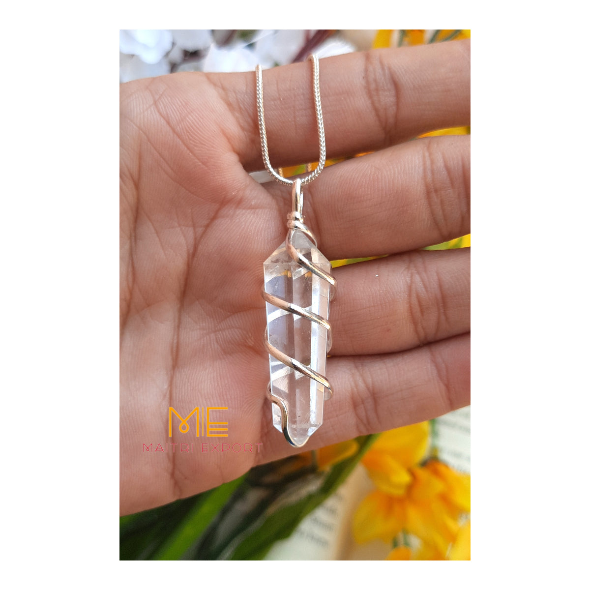Natural different crystal silver wire wrapped double pointed pencil pendant.-Maitri Export | Crystals Store