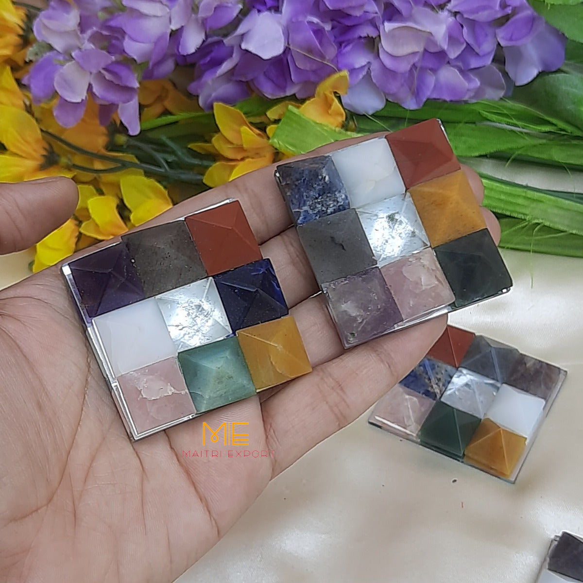 Natural Crystal Stone Navgrah Pyramid on Glass plate-Maitri Export | Crystals Store