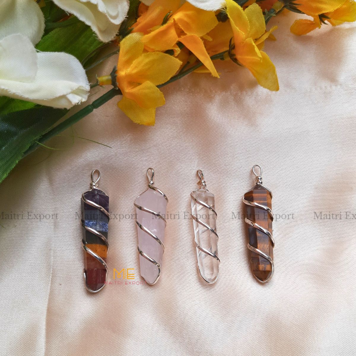 Natural different crystal silver wire wrapped double pointed pencil pendant.-Maitri Export | Crystals Store