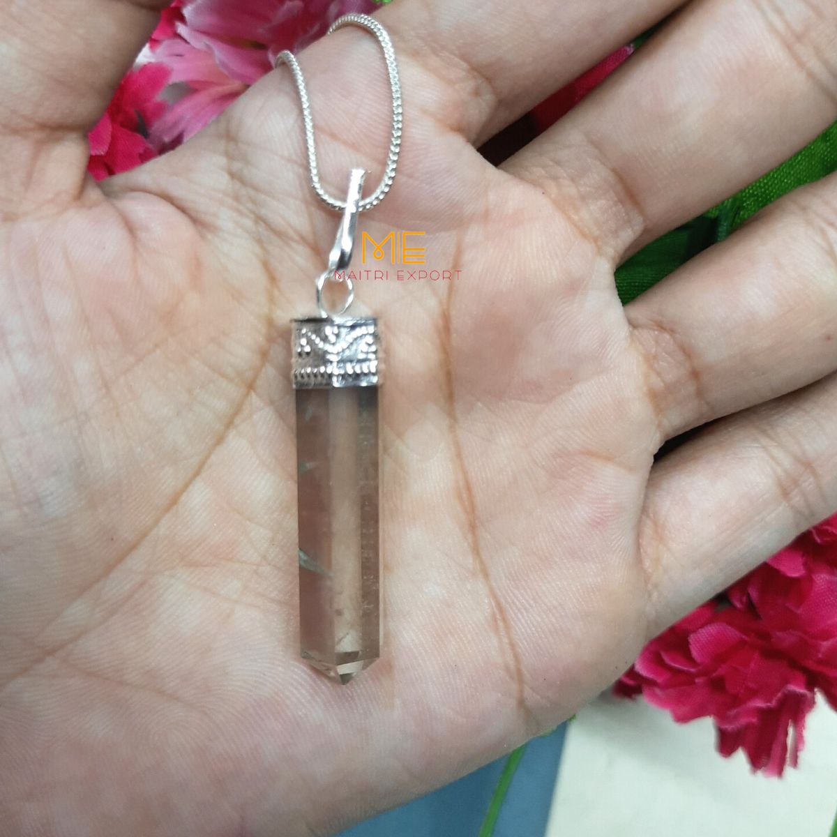 Natural crystal Single Point Pencil Pendant-Pink Quartz-Maitri Export | Crystals Store