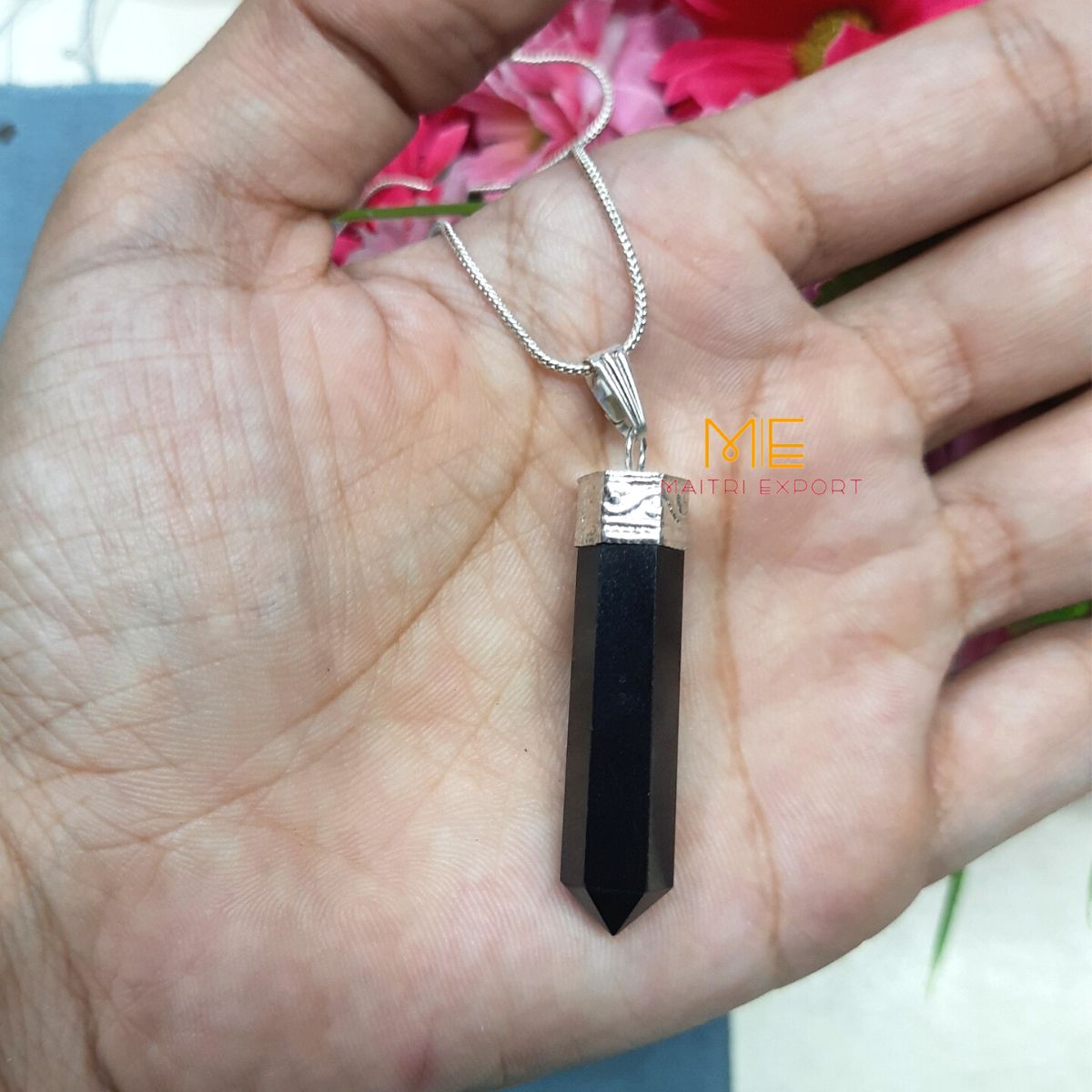 Natural crystal Single Point Pencil Pendant-Black tourmaline-Maitri Export | Crystals Store