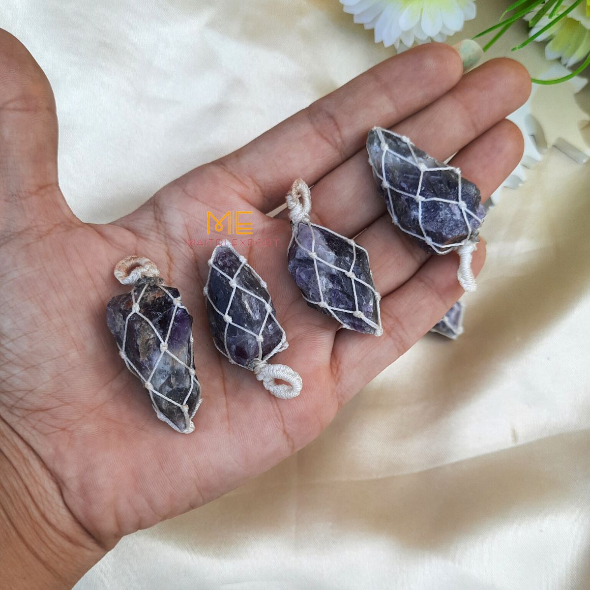 Natural Healing crystal stones Rough / Raw pendant with Thread Wrapping-Amethyst-Maitri Export | Crystals Store