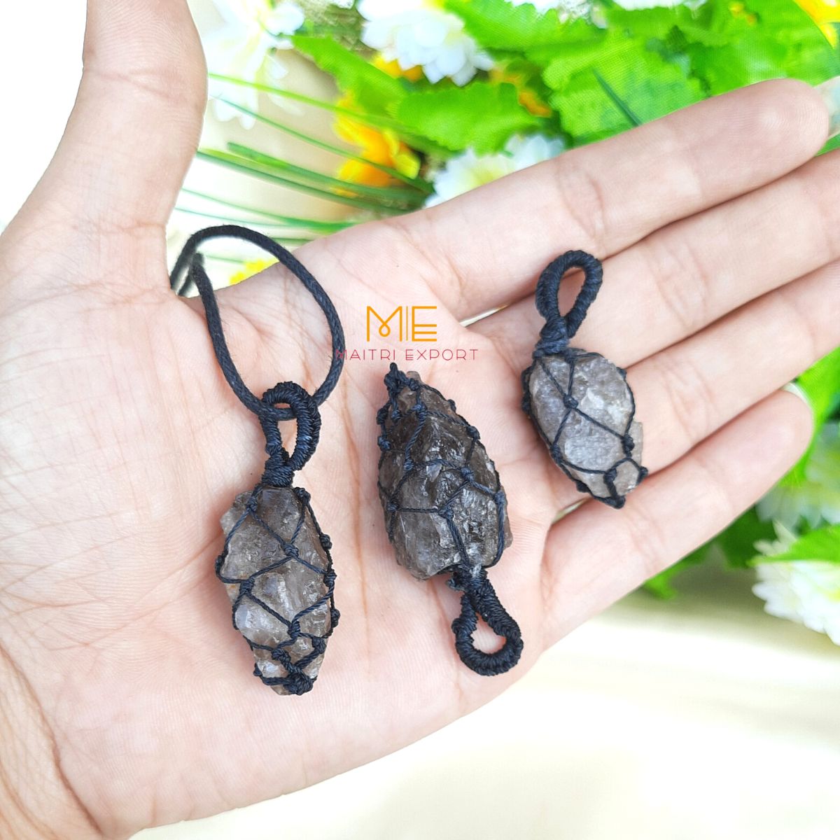 Natural Healing crystal stones Rough / Raw pendant with Thread Wrapping-Smokey Quartz-Maitri Export | Crystals Store