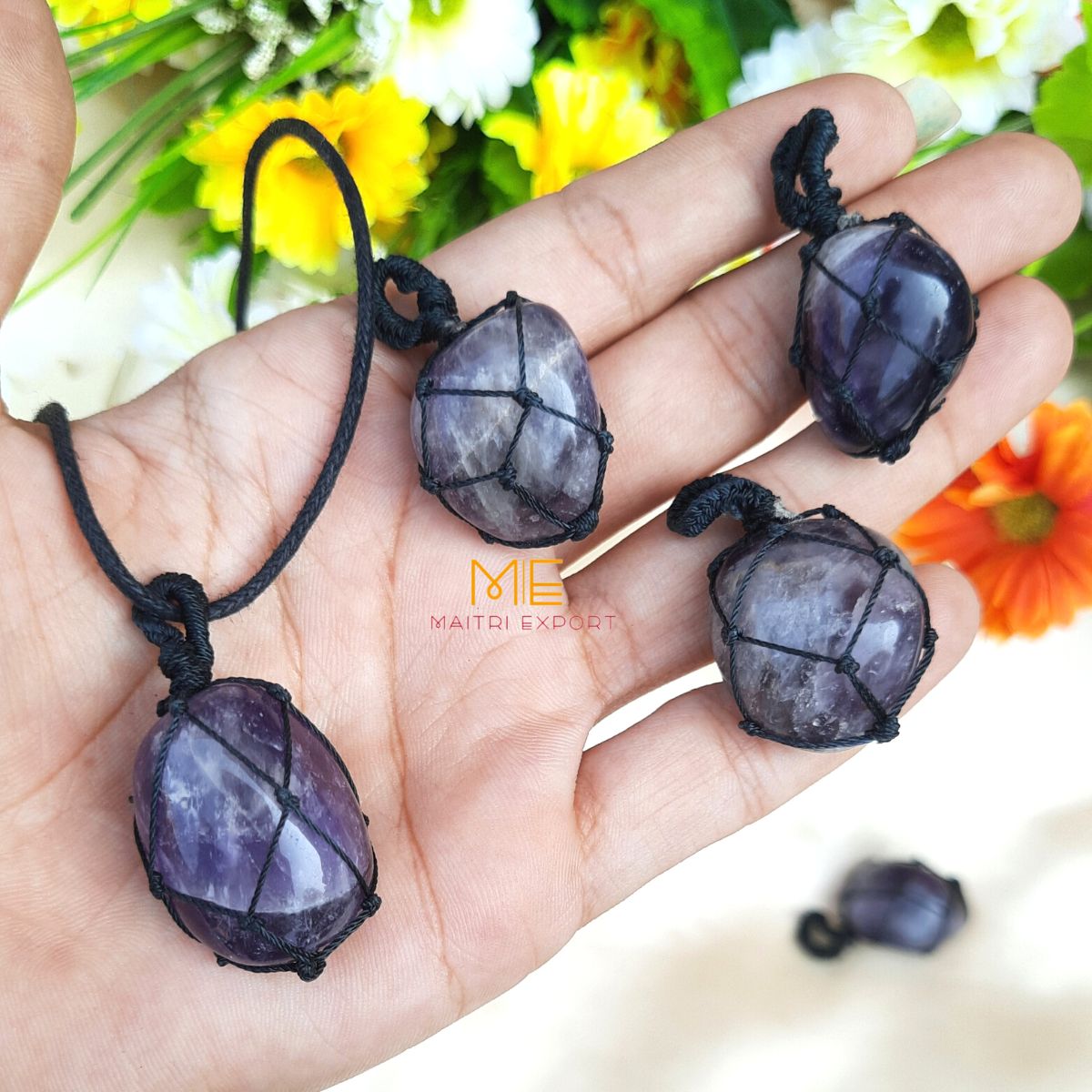 Thread wrapped macrame Crystal tumble pendants with black thread chain-Amethyst-Maitri Export | Crystals Store