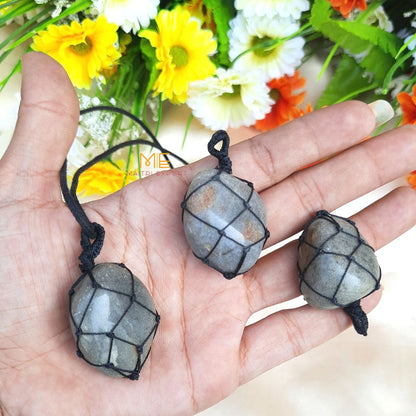 Thread wrapped macrame Crystal tumble pendants with black thread chain-Grey Rajasthani-Maitri Export | Crystals Store