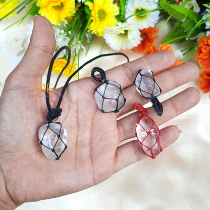 Thread wrapped macrame Crystal tumble pendants with black thread chain-Clear Quartz-Maitri Export | Crystals Store