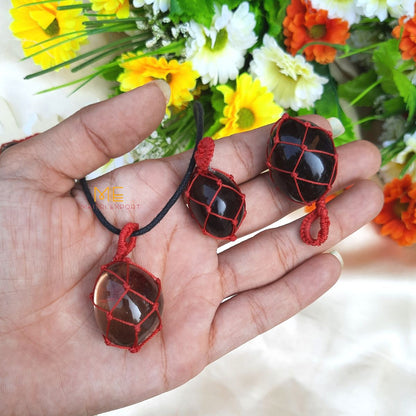 Thread wrapped macrame Crystal tumble pendants with black thread chain-Smokey Quartz-Maitri Export | Crystals Store