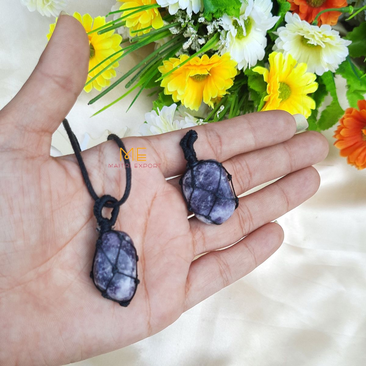 Thread wrapped macrame Crystal tumble pendants with black thread chain-Lepidolite-Maitri Export | Crystals Store