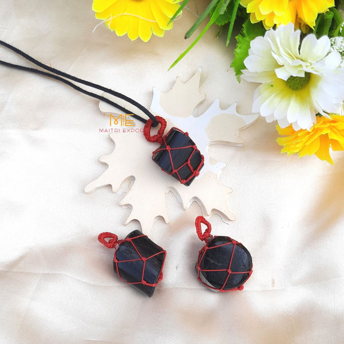 Thread wrapped macrame Crystal tumble pendants with black thread chain-Maitri Export | Crystals Store