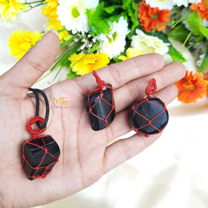 Thread wrapped macrame Crystal tumble pendants with black thread chain-Black Tourmaline-Maitri Export | Crystals Store