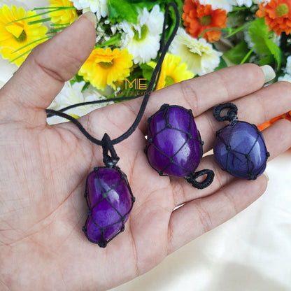 Thread wrapped macrame Crystal tumble pendants with black thread chain-Purple Onyx-Maitri Export | Crystals Store