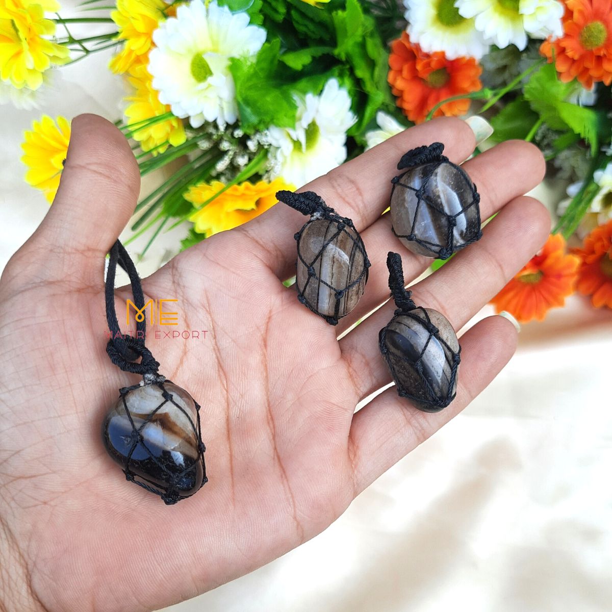 Thread wrapped macrame Crystal tumble pendants with black thread chain-Sulemani Hakik-Maitri Export | Crystals Store