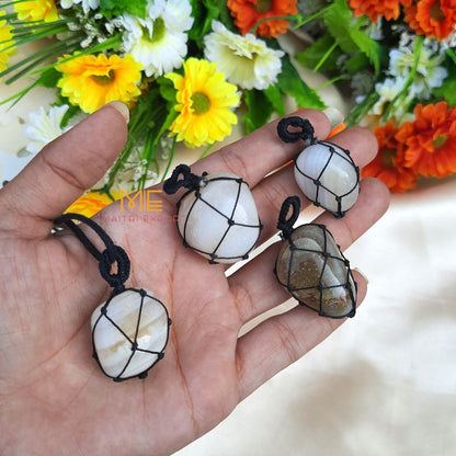 Thread wrapped macrame Crystal tumble pendants with black thread chain-Grey Sulemani-Maitri Export | Crystals Store