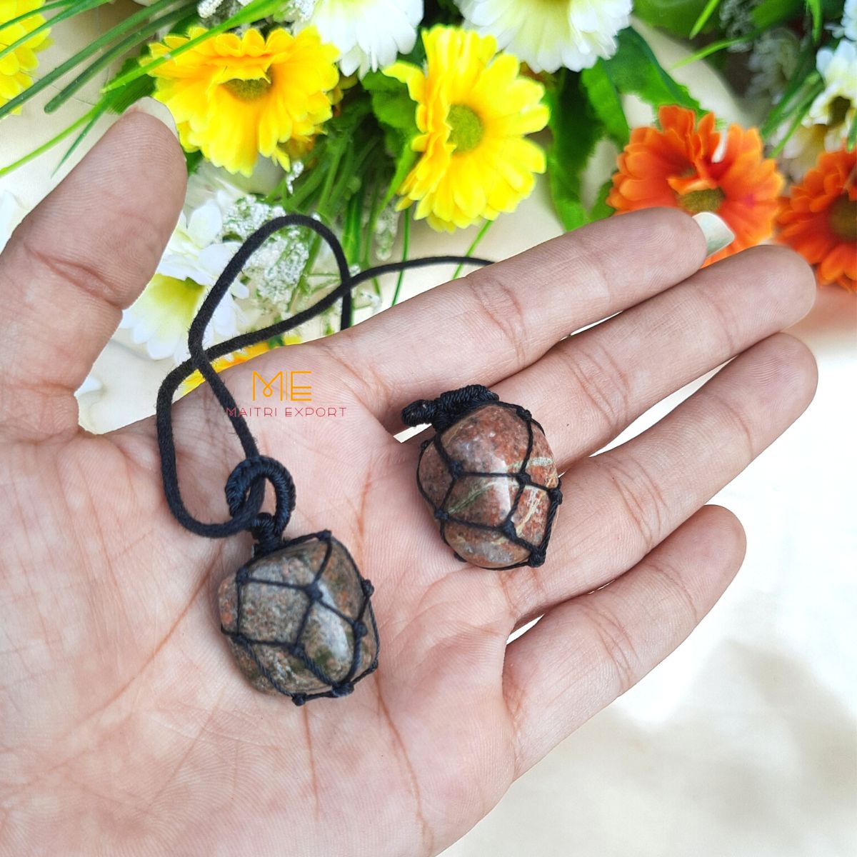 Thread wrapped macrame Crystal tumble pendants with black thread chain-Unakite-Maitri Export | Crystals Store