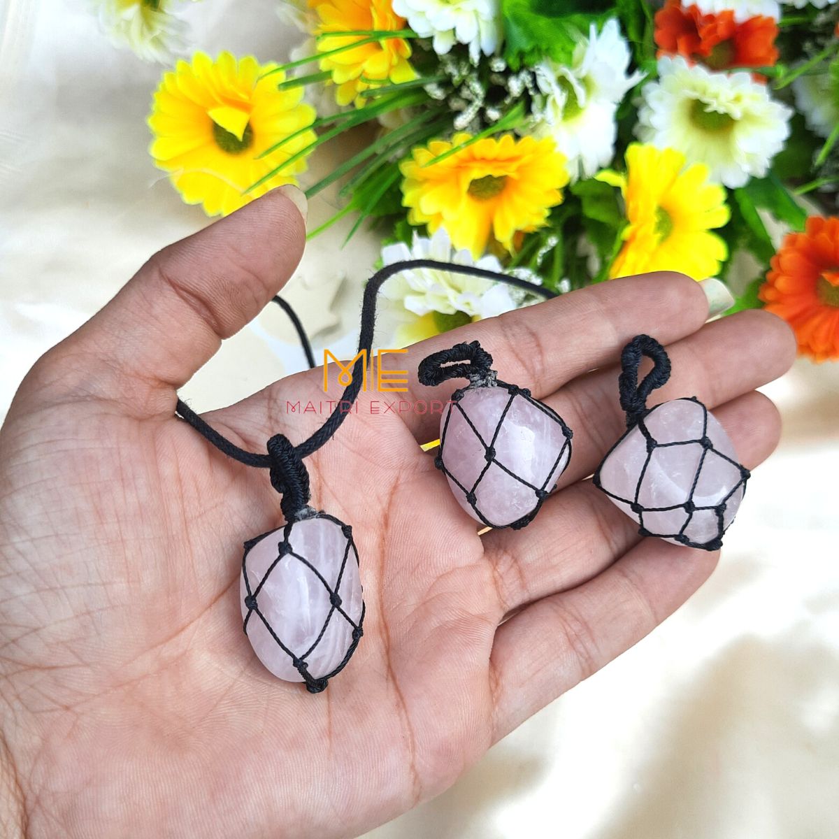 Thread wrapped macrame Crystal tumble pendants with black thread chain-Rose Quartz-Maitri Export | Crystals Store