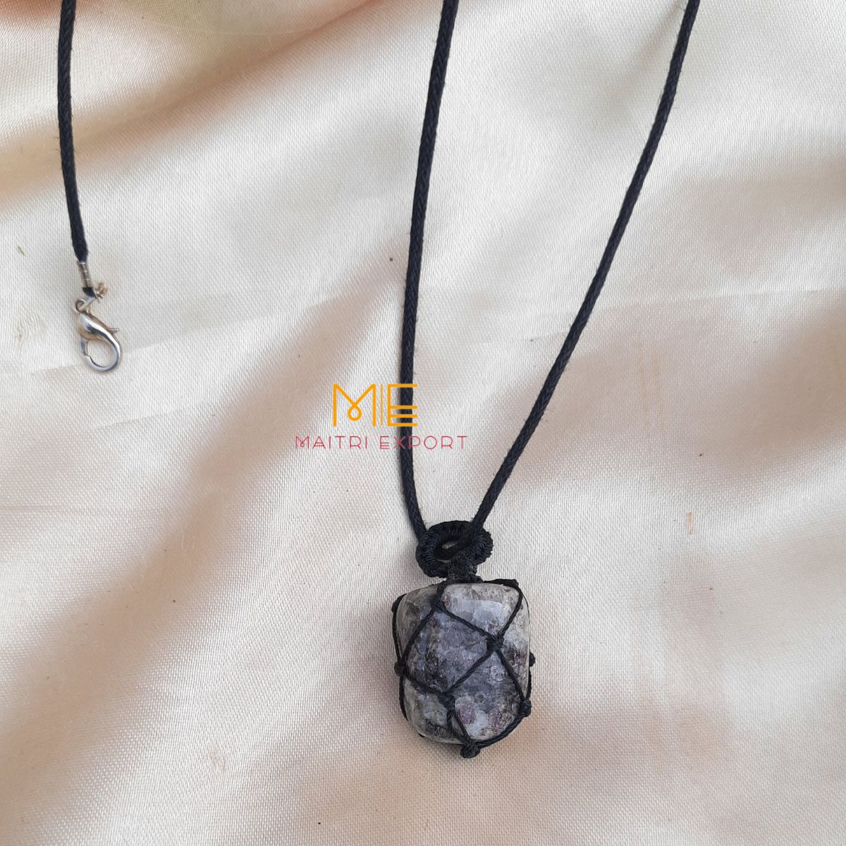 Thread wrapped macrame Crystal tumble pendants with black thread chain-Ruby Metrics-Maitri Export | Crystals Store